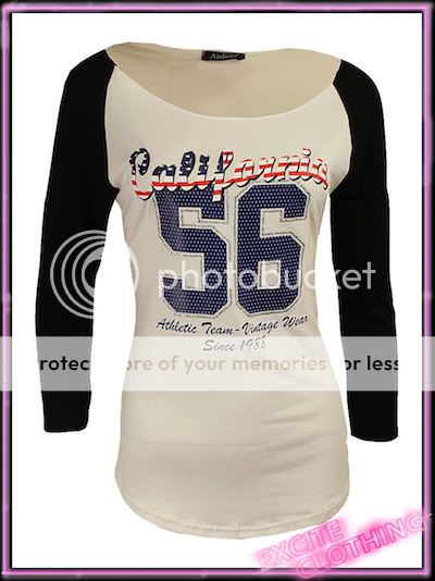 Ladies Varsity 56 T shirt Top in Black Cream Grey  