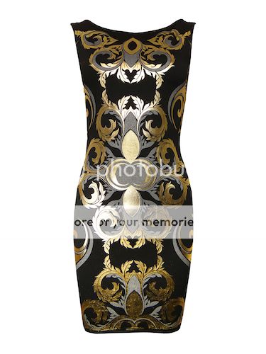 Damen Kleid Gold Folie Aufdruck Bodycon Reißverschluss Party Kleid